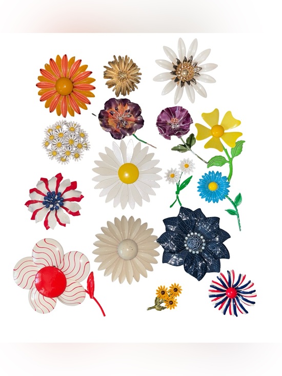 Jewelry - 16 Vintage Flower Power Enamel Metal Brooch Pin Lot Retro 60s 70s
